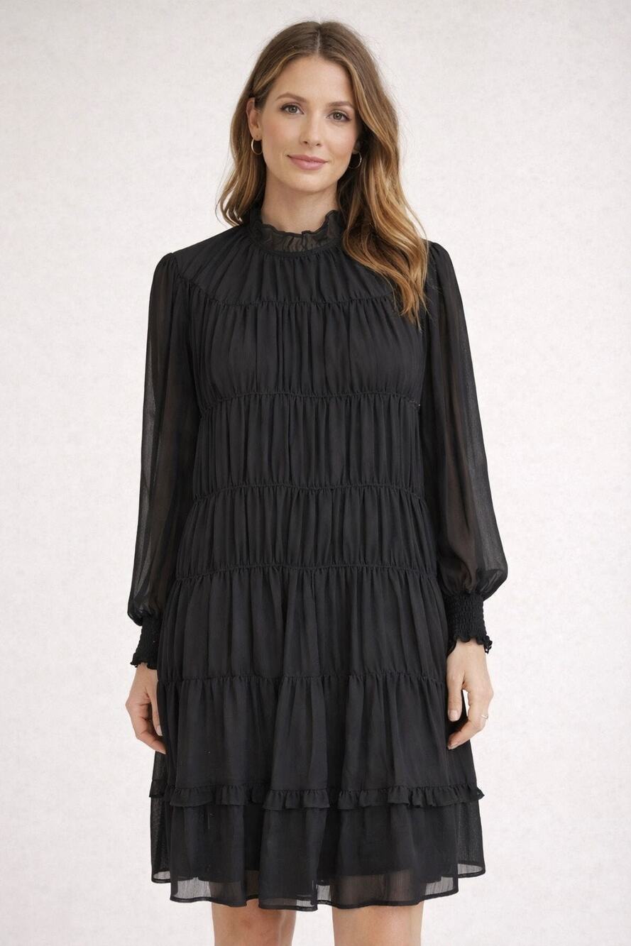 Vero Moda Dalia Long Sleeve Smocked High Collar Dress in Black Size XL